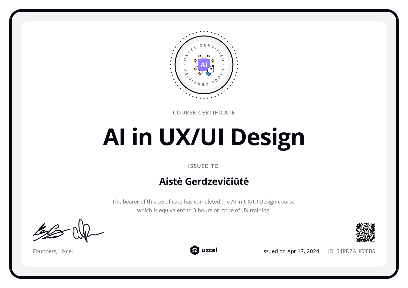 Aistė Gerdzevičiūtė's certificate